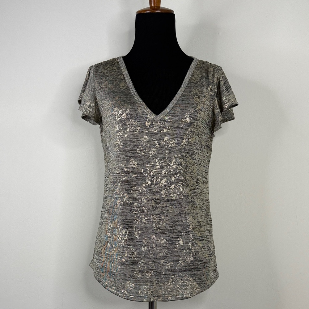 WHITE HOUSE BLACK MARKET Metallic Gray V-Neck Women's Tee XS